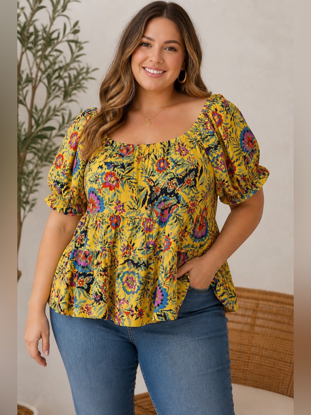 Terra & Sky Yellow Floral Peplum Blouse 1X Plus Tiered Puff Sleeve Top